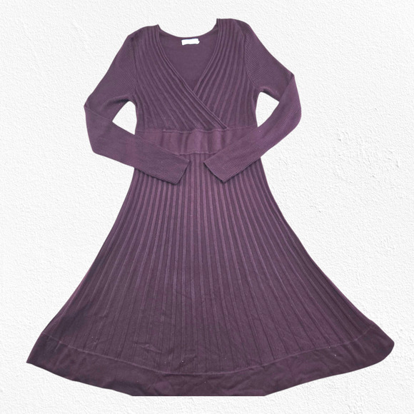 Calvin Klein Purple Ribbed Knit Fit & Flare Sweater Dress Long Sleeve Size Large - Picture 2 of 9